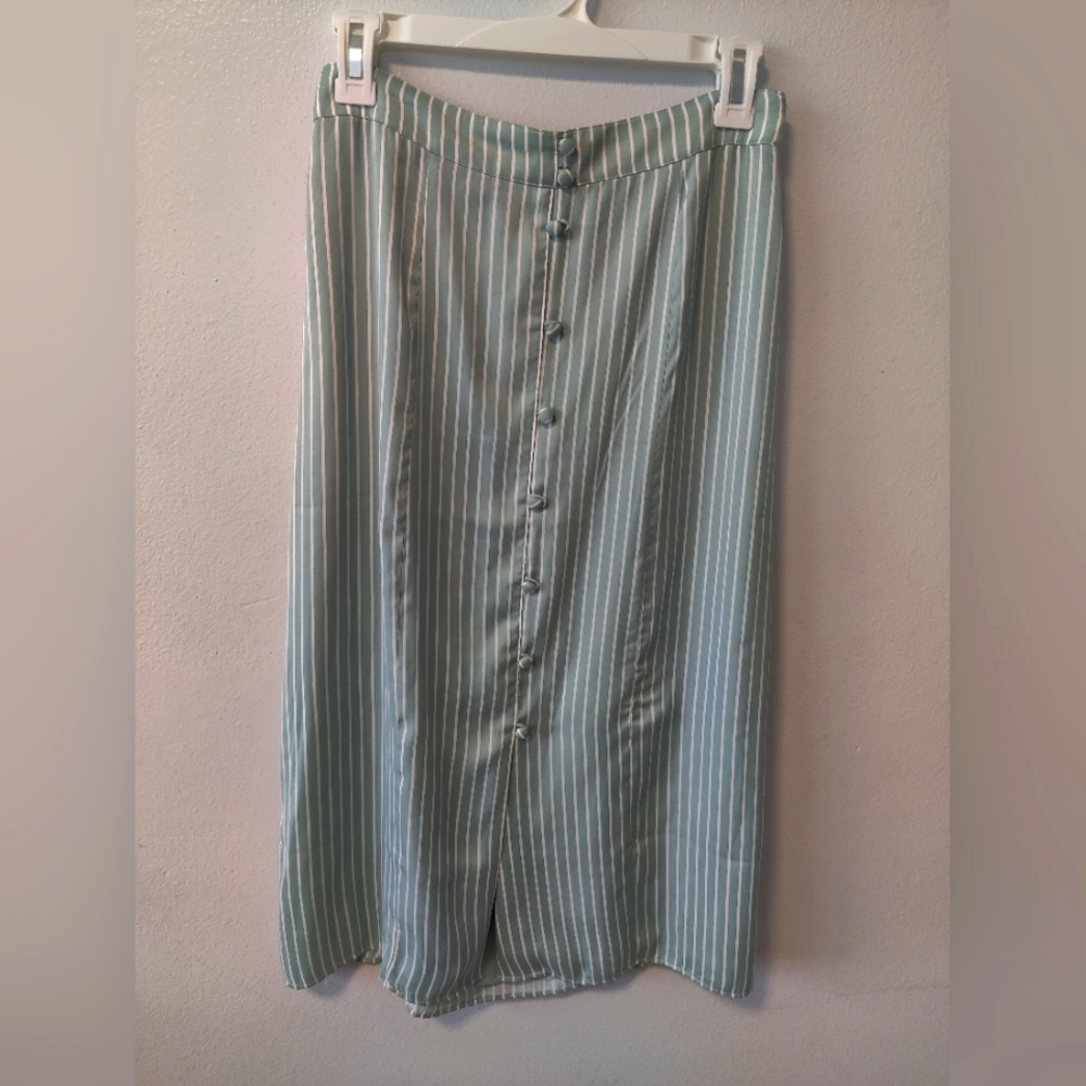 LC Lauren Conrad light green striped front slit midi skirt satin silk like small